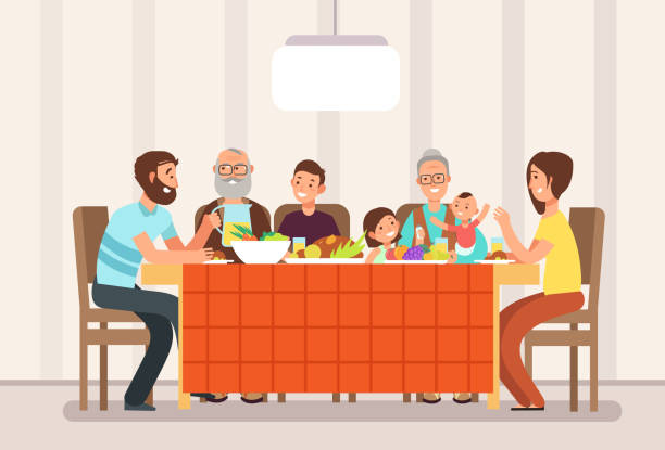 illustrazioni stock, clip art, cartoni animati e icone di tendenza di grande famiglia felice che pranza insieme nell'illustrazione vettoriale del cartone animato del soggiorno - pranzare illustrazioni
