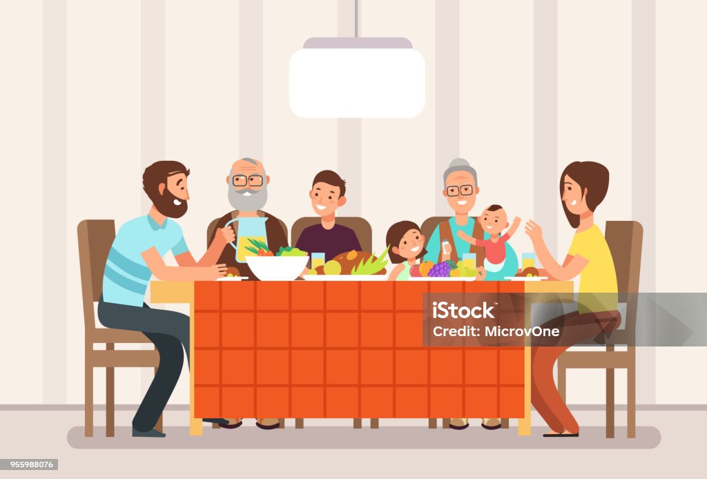 Big happy family eating lunch together in living room cartoon vector illustration Big happy family eating lunch together in living room cartoon vector illustration. Lunch family, father mother with children and parents Family stock vector