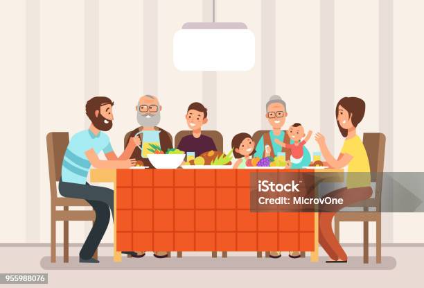 Big Happy Family Eating Lunch Together In Living Room Cartoon Vector Illustration Stock Illustration - Download Image Now