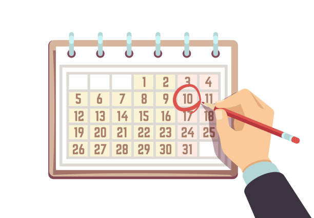 Hand with pen marks date in calendar. Deadline and important events vector concept Hand with pen marks date in calendar. Deadline and important events vector concept. Illustration of date day, deadline and appointment wall calendar stock illustrations