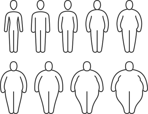 From thin to fat body people pictograms. Different proportions of human bodies. Obese classification vector line icons. Body human thin to fat transformation, change process illustration