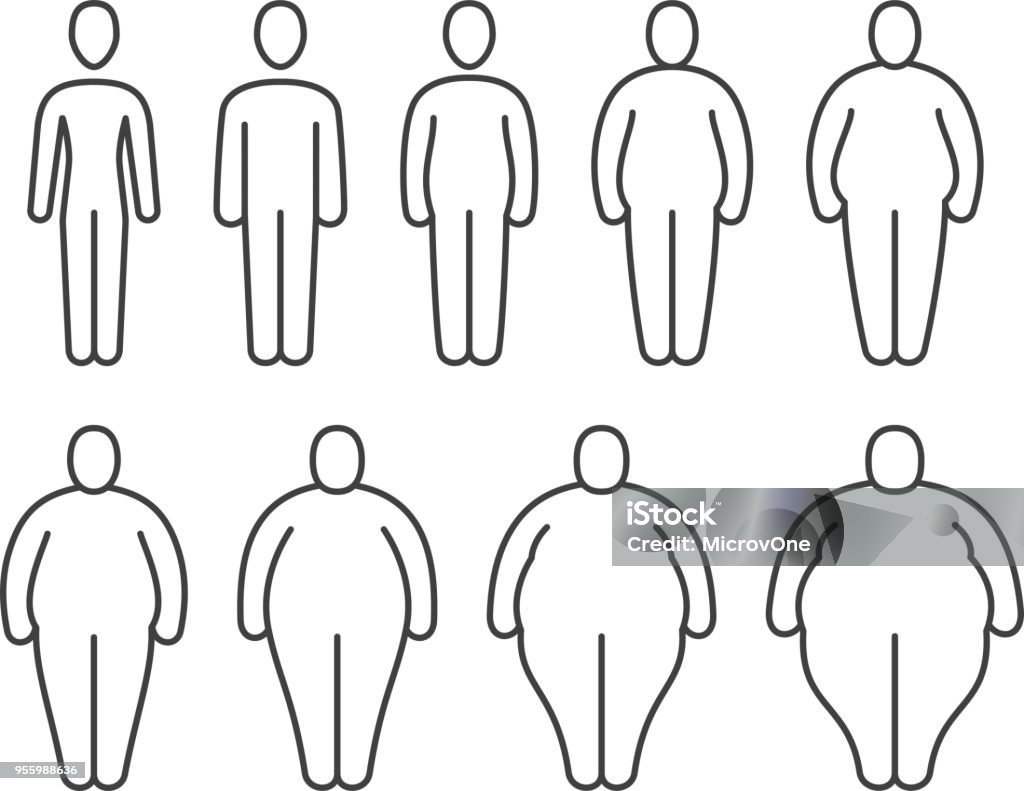 From thin to fat body people pictograms. Different proportions of human bodies. Obese classification vector line icons From thin to fat body people pictograms. Different proportions of human bodies. Obese classification vector line icons. Body human thin to fat transformation, change process illustration Icon Symbol stock vector
