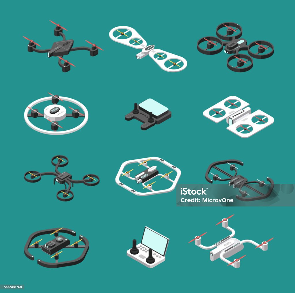 Isometric 3d drones. Uav unmanned aircrafts vector set Isometric 3d drones. Uav unmanned aircrafts vector set. Illustration of quadrocopter remote, transport quadcopter equipment Isometric Projection stock vector