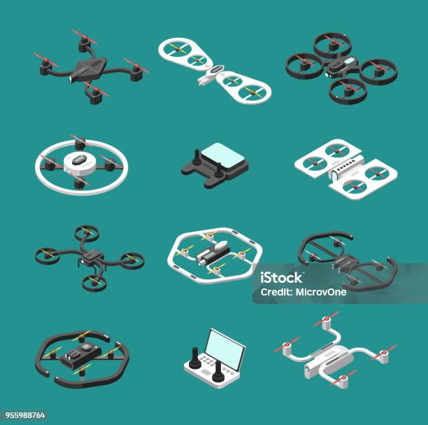 Isometric 3d Drones Uav Unmanned Aircrafts Vector Set Stock Illustration - Download Image Now
