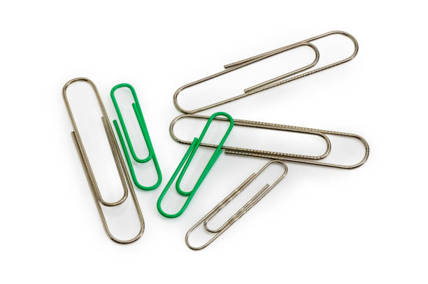 istock Paper clips different colors and sizes on a white background 955990350