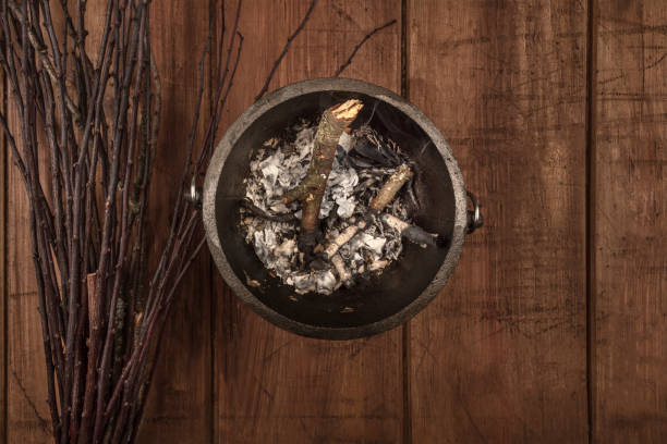 istock Overhead photo of witch's cauldron with broom and copy space 955992894