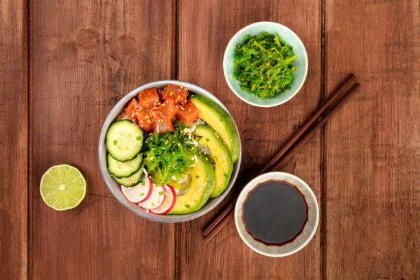 istock Hawaiian tuna poke salad with wakame and copy space 955993036
