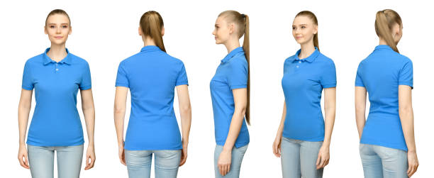 Set promo pose girl in blank blue polo shirt mockup design for print and concept template young woman in T-shirt front and side back view isolated white background with clipping path Set promo pose girl in blank blue polo shirt mockup design for print and concept template young woman in T-shirt front and side back view isolated white background with clipping path. short sleeved stock pictures, royalty-free photos & images