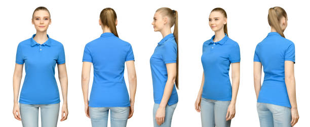 установить промо позу девушка в пустой синий поло рубашку макет дизайн для печати и концепции шаблон молодой женщины в футболке спереди и с - short sleeved стоковые фото и изображения