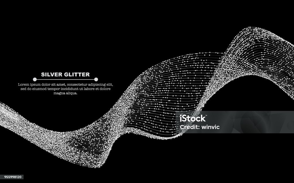 Silver glitter sequins flow abstract lines isolated on black background, vector illustration. Sparkling dots wave, space for text for banners, party invitations, graphic design. Silver glitter sequins lines isolated on black background, vector illustration. Silver Colored stock vector