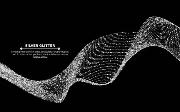 Vector illustration of Silver glitter sequins flow abstract lines isolated on black background, vector illustration. Sparkling dots wave, space for text for banners, party invitations, graphic design.