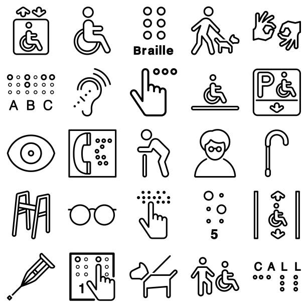 ilustraciones, imágenes clip art, dibujos animados e iconos de stock de iconos de línea de discapacidad - physical impairment wheelchair disabled accessibility