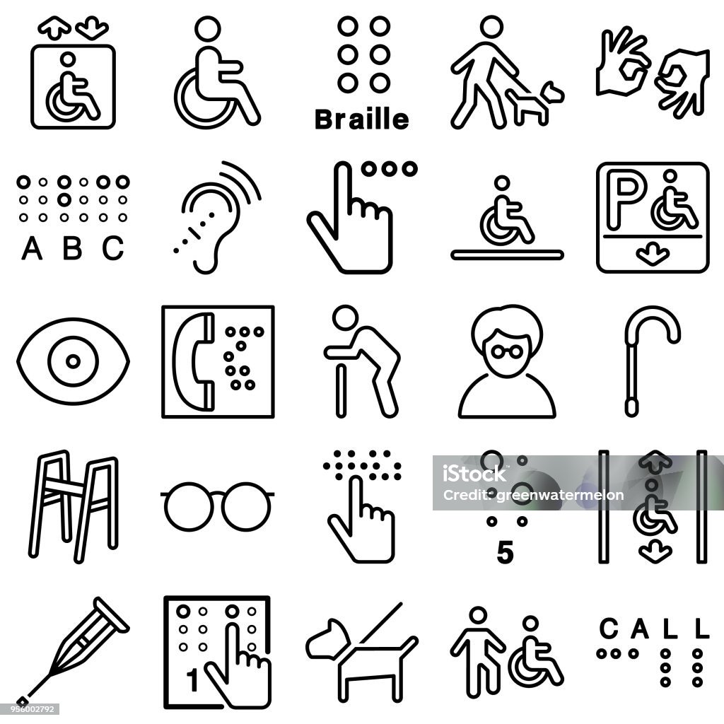 Disability Line Icons Vector File of Disability Line Icons related vector icons for your design or application. Raw style. Files included: vector EPS, JPG, PNG. See more in this series. Icon Symbol stock vector