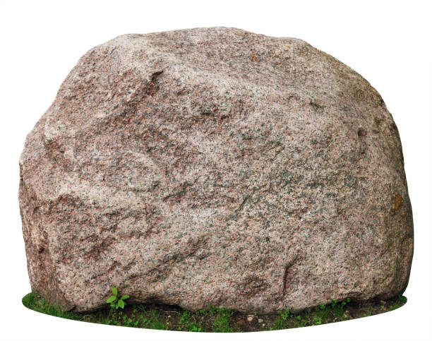 The big ancient mossy granite stone lie on a forest green grass glade. stock photo