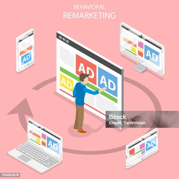 Remarketing Flat Isometric Vector Concept Stock Illustration - Download Image Now - Advertisement, Digital Display, Isometric Projection