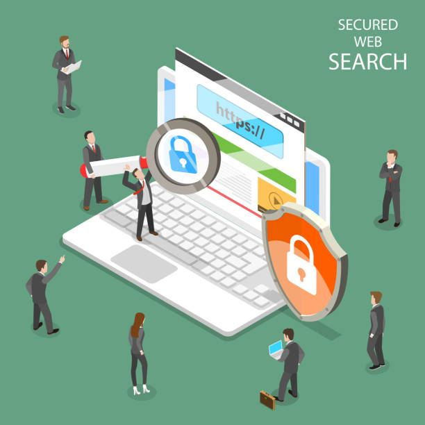 Secure web search flat isometric vector. Secure web search flat isometric vector. People are searching information through internet using secure protocol HTTPS. hypertext transfer protocol stock illustrations