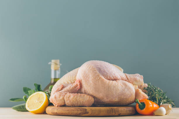Raw chicken with ingredients for cooking and vegetables on kitchen table behind blue background. Horizontal