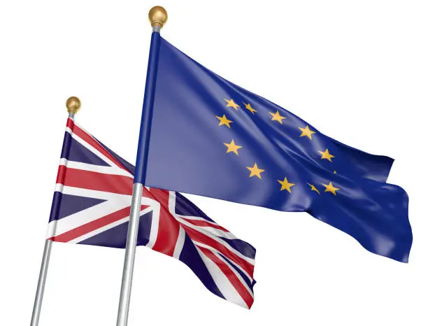 Flags from the European Union and the United Kingdom flying side by side to represent relations between the two countries, isolated on a white background.