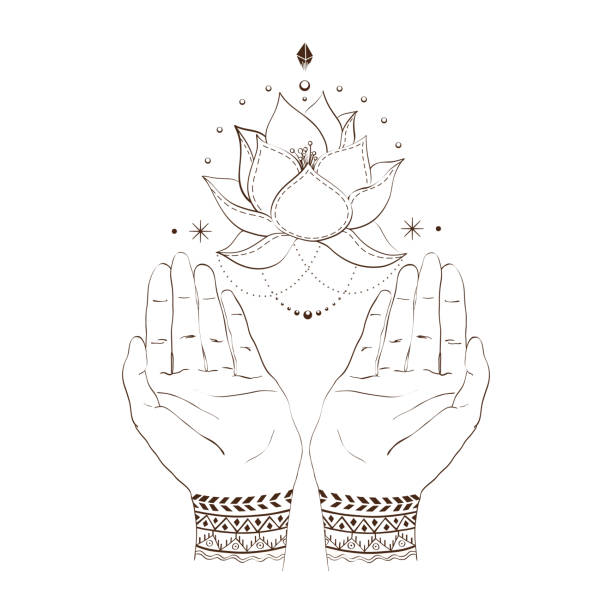 hand and lotos Woman's hands with mehendi design and soaring Lotus flower. Hindu motifs. Outline hand drawn illustration. Concept women's health, gratitude, spirituality etc. dharma chakra stock illustrations