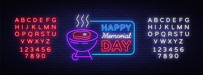 Happy greeting card for Memorial Day neon sign. Happy day of memory - barbecue grill BBQ banner in neon style, celebration of the holidays. Vector illustration. Editing text neon sign.