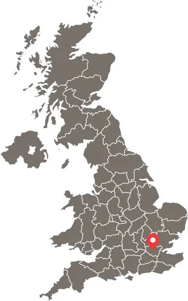 Vector illustration of Highly detailed United Kingdom map vector outline illustration with provinces or states borders and capital location, London, in gray background. Accurate map of UK prepared by a map expert.