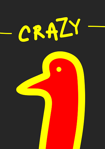 Sketch of abstract bird head and handwritten text Crazy. Cool print for the design of T-shirts. Drawn by hand. Funny vector illustration. Black, yellow, red.