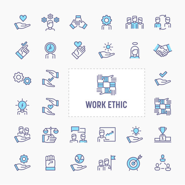 Work Ethic Minimal Icon Set Teamwork, morality, proficiency, optimism and empathy  - thin line website, application & presentation icon. simple and minimal vector icon and illustration collection. justice concept illustrations stock illustrations