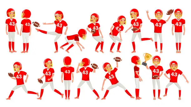 Vector illustration of American Football Young Man Player Vector. Red White Uniform. Stadium Football Game. Man. Flat Athlete Cartoon Illustration