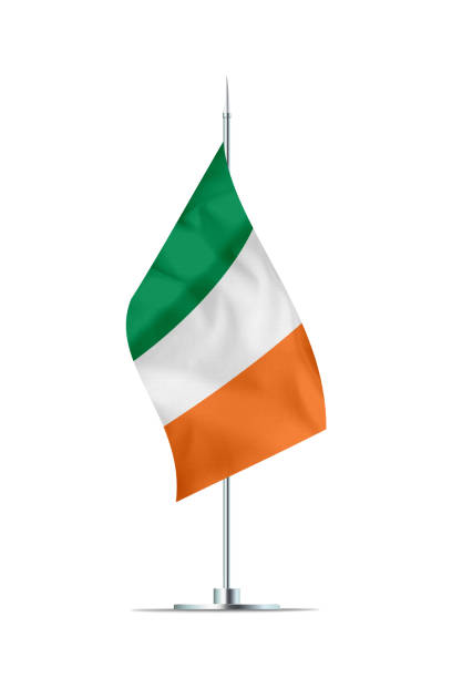 Small Irish flag  on a metal pole. The flag has nicely detailed textile texture. Isolated on white background. 3D rendering.