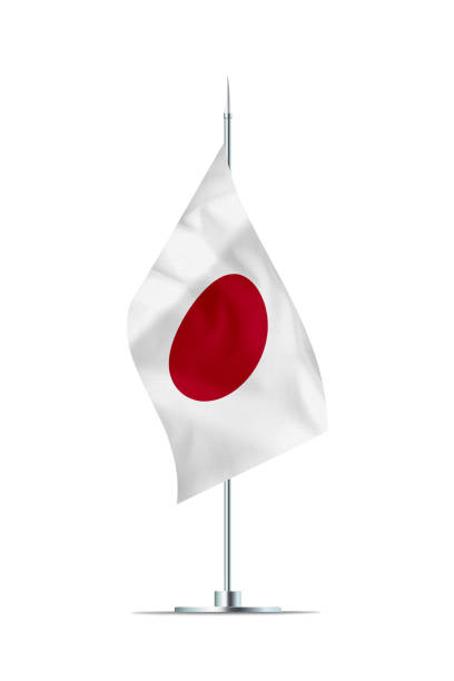 Small Japanese flag  on a metal pole. The flag has nicely detailed textile texture. Isolated on white background. 3D rendering.