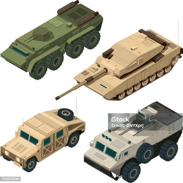 Vector Isometric Pictures Set Of Different Military Vehicles Isolate On White Stock Illustration - Download Image Now