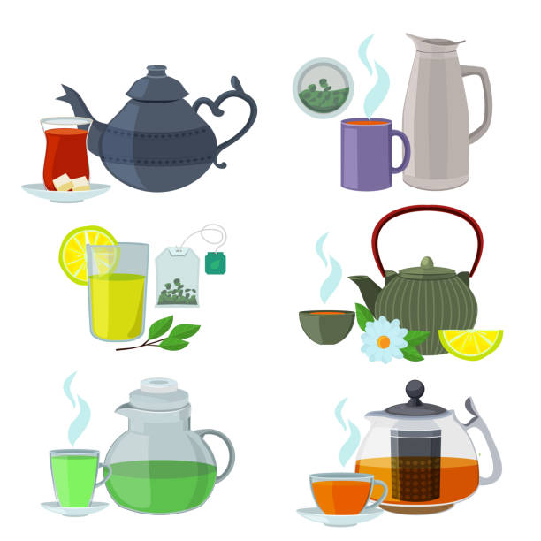 ilustrações de stock, clip art, desenhos animados e ícones de chinesse, english and other different types of tea. vector set isolate on white - tea cup cup old fashioned china