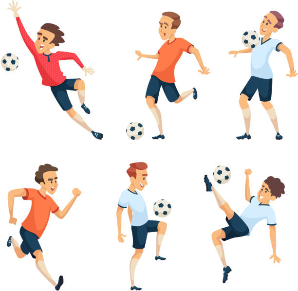 ilustraciones, imágenes clip art, dibujos animados e iconos de stock de futbol personajes jugando al fútbol. aislar a mascotas deporte aislado en blanco - people young adult child football