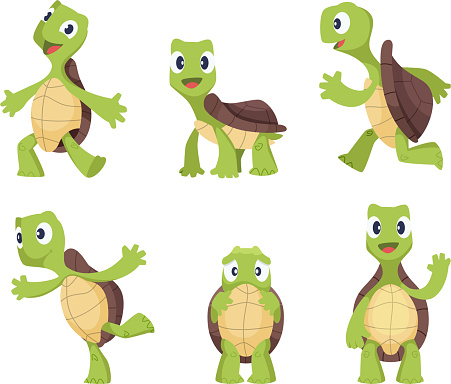 Cartoon vector turtle in various action poses. Illustration of animal tortoise, reptile mascot caricature of collection