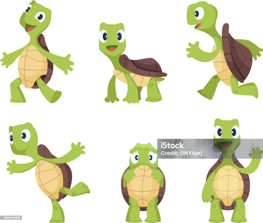 Cartoon vector turtle in various action poses Cartoon vector turtle in various action poses. Illustration of animal tortoise, reptile mascot caricature of collection Turtle stock vector