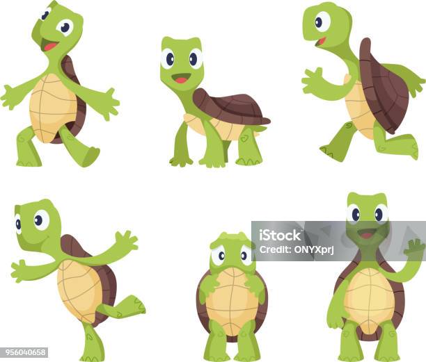Cartoon Vector Turtle In Various Action Poses Stock Illustration - Download Image Now - Turtle, Tortoise, Cartoon