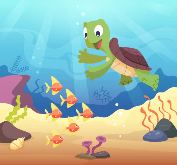 漫画カメ海の水中背景 - turtle backgrounds humor vector点のイラスト素材／クリップアート素材／マンガ素材／アイコン素材
