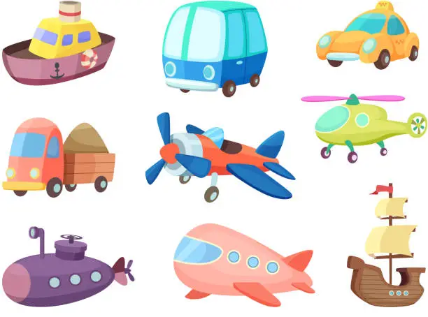 Vector illustration of Cartoon illustrations of various transportation. Airplanes, ship, cars and others. Vector pictures of toys for kids