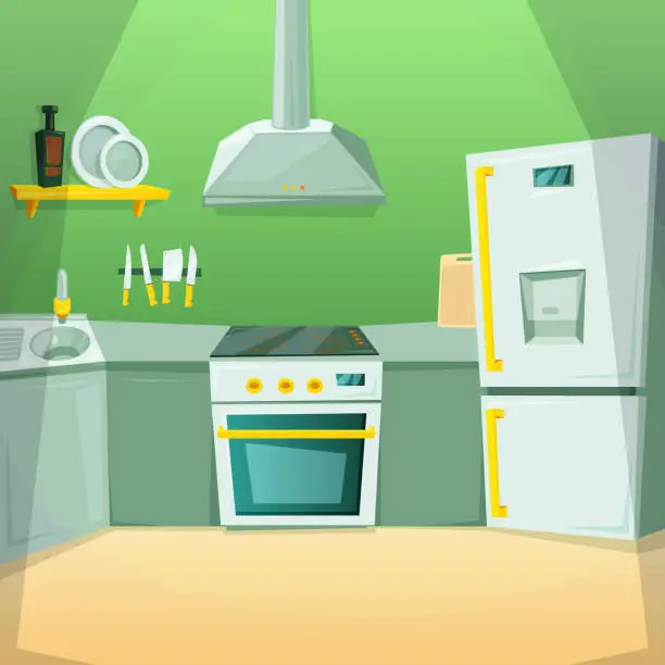 Vector illustration of Cartoon pictures of kitchen interior with different furniture items