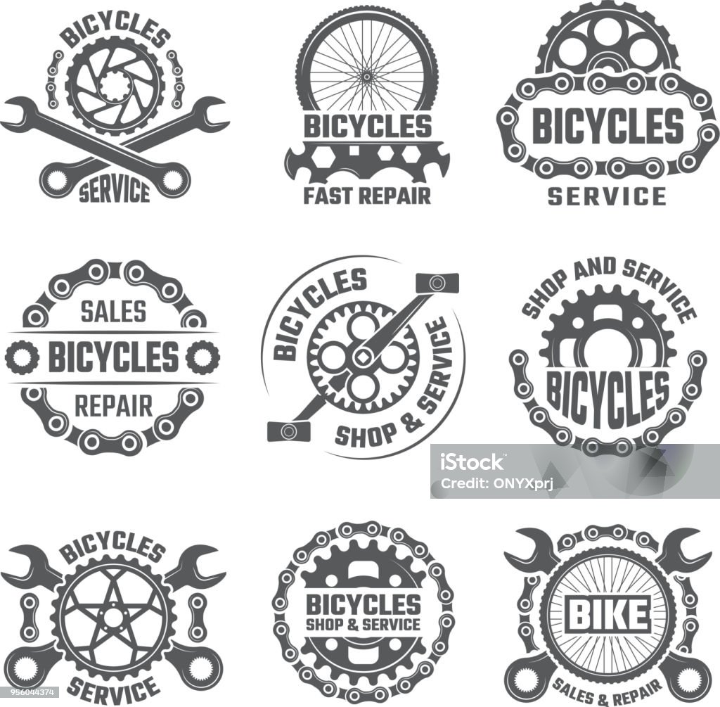 Etiquetas diseño de plantilla con engranajes, cadenas y otras partes de la bicicleta - arte vectorial de Bicicleta libre de derechos