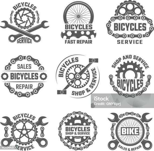 Ilustración de Etiquetas Diseño De Plantilla Con Engranajes Cadenas Y Otras Partes De La Bicicleta y más Vectores Libres de Derechos de Bicicleta