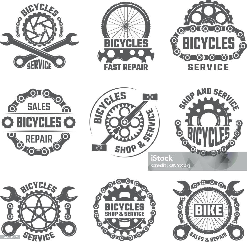 Labels template design with gears, chains and other parts of bicycle Labels template design with gears, chains and other parts of bicycle. Vector bicycle gear emblem illustration Bicycle stock vector