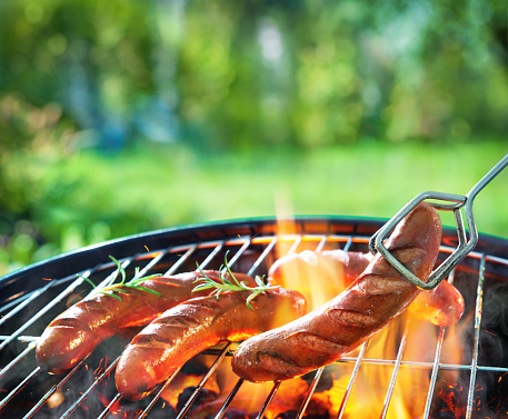 Grilled sausages on grill with smoke and flame on a meadow. Barbecue picnic