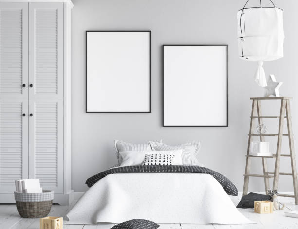 istock Mock up poster frame in children room, Scandinavian style interior background 956046512