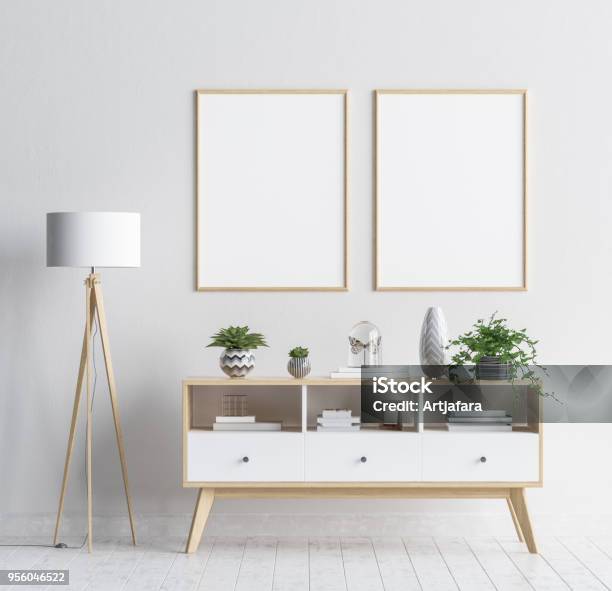 Foto de Mockse Quadro De Cartaz No Fundo Da Sala De Estar Interiores De Estilo Escandinavo e mais fotos de stock de Modelo de base