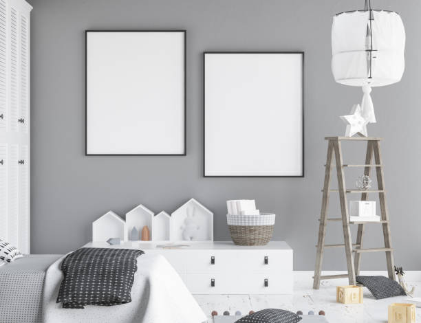 istock Mock up poster frame in children room, Scandinavian style interior background 956046570