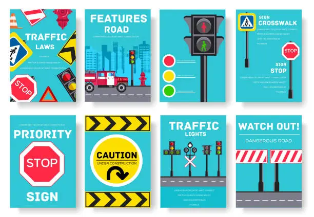 Vector illustration of Traffic light day vector brochure cards set. Urban sign template of flyer, magazines, poster, book cover, banners. Road transportation invitation concept  background. Layout illustrations modern page