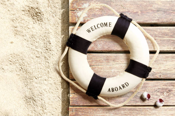 istock Beach background. Life buoy and sea life. 956047974