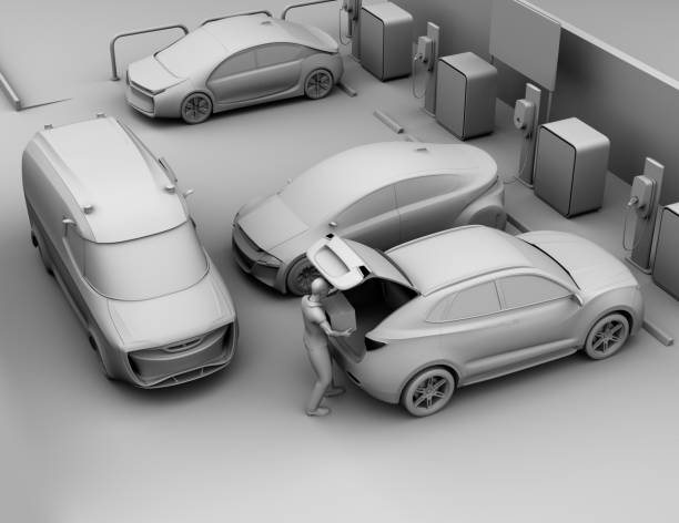 Clay shading rendering of delivery staff carrying box to car trunk. Concept for car trunk delivery service. 3D rendering image.