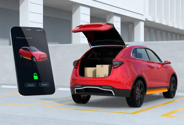 Red SUV in parking lot with opened trunk, cardboard boxes inside. Smartphone app on the left for unlock the car trunk. Concept for car trunk delivery service. 3D rendering image.